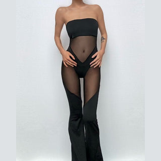 Mesh patchwork backless tube jumpsuit