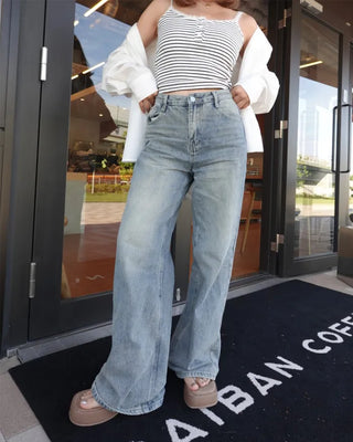 Washed wide denim pants