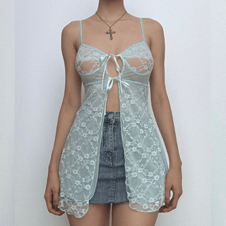 Lace mesh patchwork knotted solid cami top