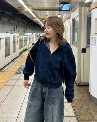 Checked hooded zip-up parka