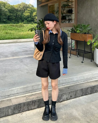 Checked layered gathered cardigan