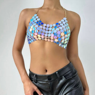 Halter glitter hollow out metal chain cut out top