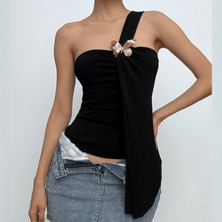 One shoulder chiffon butterfly applique irregular top