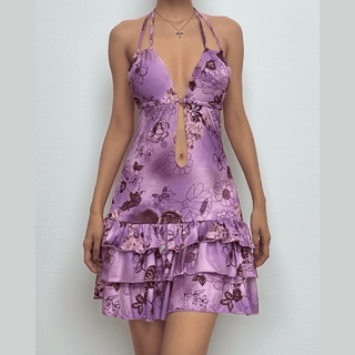 Deep v neck halter flower print ruffle mini dress