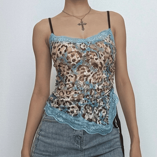 Lace leopard print irregular knotted cami top