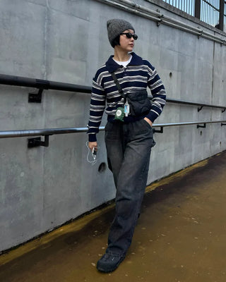 Striped polo collar knit