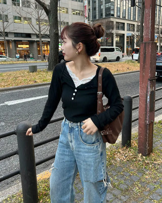 Lace detail button knit