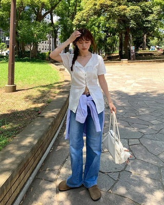Collarless tie blouse