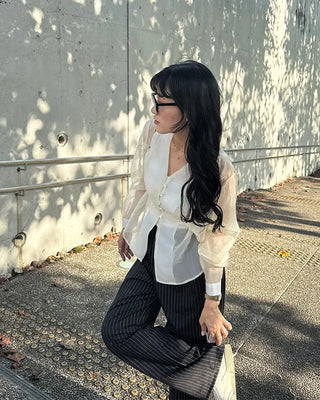 Collarless sheer blouse