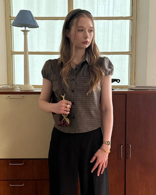 Checked cap-sleeve shirt blouse