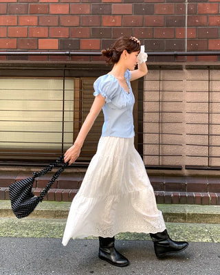 Perforated lace long skirt