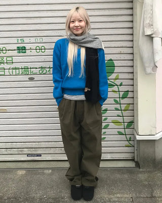 Elastic waistband, two-pleat wide-leg pants