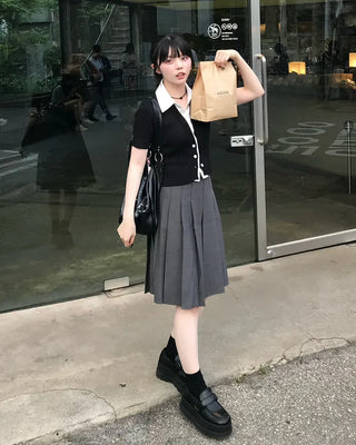Shirt-layered short-sleeved cardigan