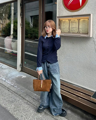 Shirt-layered button cardigan