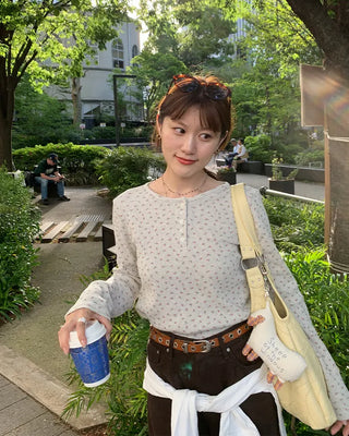 Flower Henley Neck Long T-Shirt