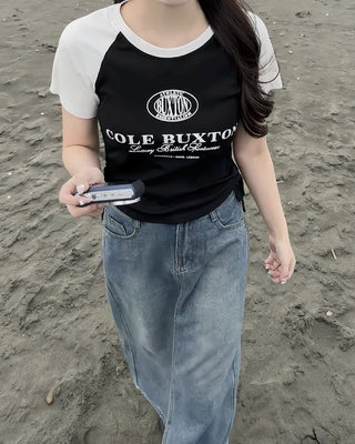 String lettering raglan short-sleeved T-shirt