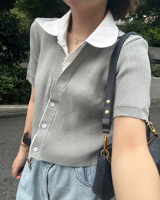 Shirt-style short-sleeved cardigan
