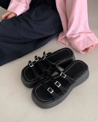 Platform buckle strap slippers