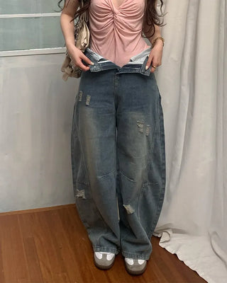Washed distressed wide-leg denim pants