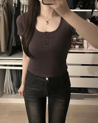 Button-down U-neck short-sleeved T-shirt