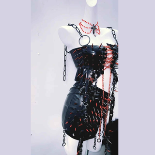 Metal chain lace up o ring rivet applique slit mini skirt set