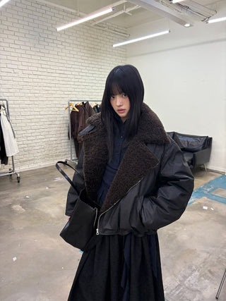 [NEVERSEEZ] Lapel Fleece Diagonal Zipper Jacket