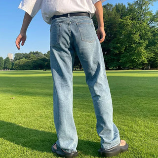Straight-fit, center-creased denim pants