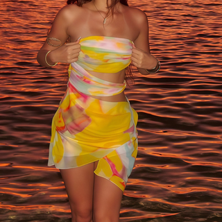 Contrast hollow out ruched tube cut out mini dress