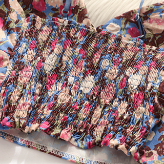 Smocked flower print v neck padded cami top