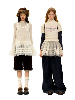 [Moromoro2] Layered Mesh Lace Camisole  Dress