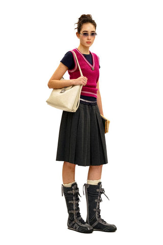 [Moromoro2] Linen Satin Plaid Pleated Skirt