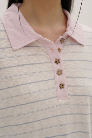 [Moromoro2] Striped Polo Long Sleeve Tee with Star  Buttons