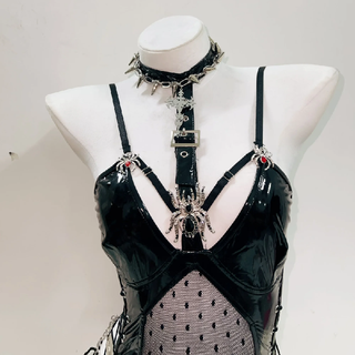 PU leather spider applique hollow out cami bodysuit