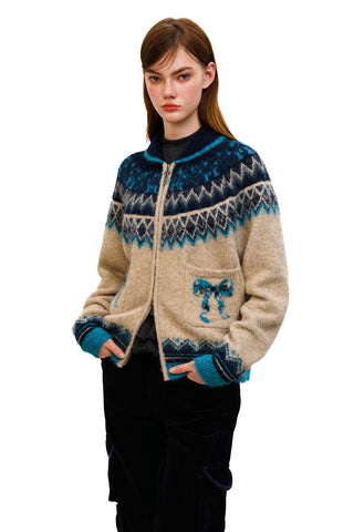 [Moromoro2] Fair Isle Bow Pocket Retro Collar  Cardigan