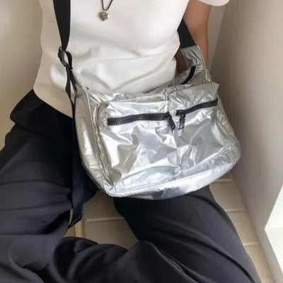 Metal 2-Pocket Zip-Up Y2K Shoulder Bag