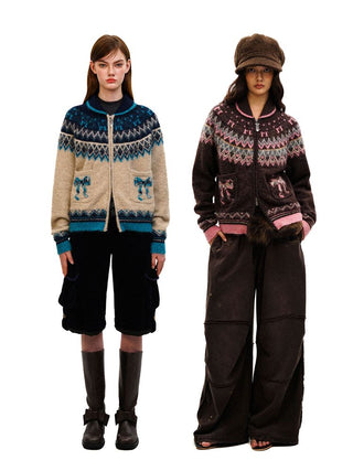 [Moromoro2] Fair Isle Bow Pocket Retro Collar  Cardigan