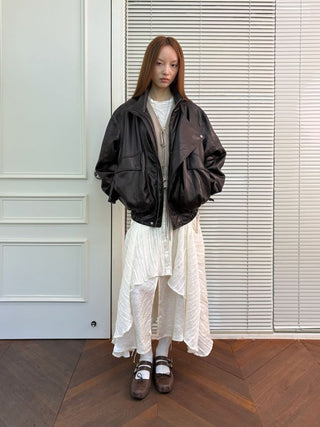 [NeverSeez] Stand Collar Asymmetrical PU Leather Jacket