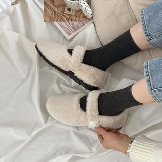 0623 Button Eco Fur Mary Jane Flat Shoes (3 colors)