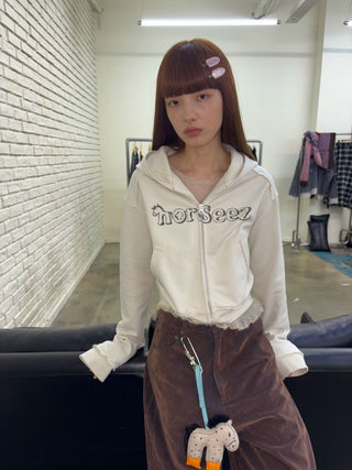 [NeverSeez] Cropped Raw Edge Hooded Zip-Up