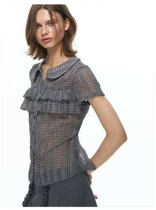 [NECY] Purple Grey Ruffle Plaid Shirt