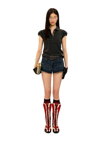 [Moromoro2] Slub Texture Pleated Contrast Stitch  Jeans
