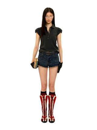 [Moromoro2] Slub Texture Pleated Contrast Stitch  Jeans