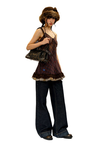 [Moromoro2] Star Polka Dot Mesh Fur Trim Cami  Dress