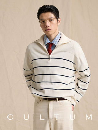 [CULTUM] Half-Zip Striped Cotton Knit Sweater