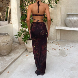 Halter self tie hollow out o ring slit print cut out maxi dress