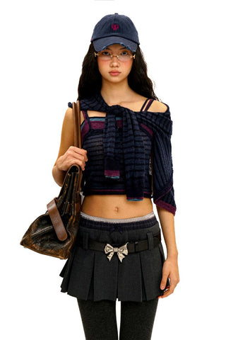 [Moromoro2] Striped Mesh Lace Knit Set