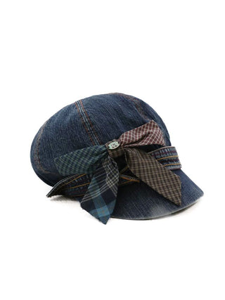[Moromoro2] Denim Newsboy Cap with Plaid  Bow