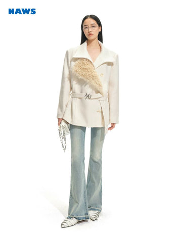 [NOTAWEAR] Wool Blend Belted Jacket with Shearling  Collar