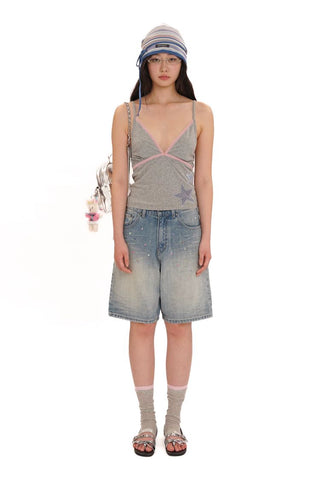 [Moromoro2] Rhinestone Bow Embroidered  Denim