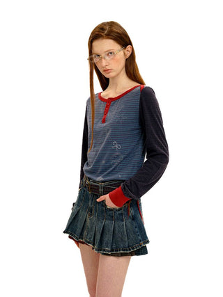 [Moromoro2] Contrast Stripe Rhinestone Long Sleeve  Tee